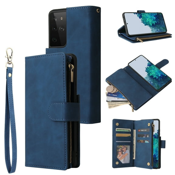 Cowithday Phone Case for Samsung Galaxy S21 Ultra, Galaxy S21 Ultra Wallet Case with Zipper for Women Men, PU Leather Magnetic Flip Kickstand Closure Wrist Strap Zipper Card Holder Cases, Blue
