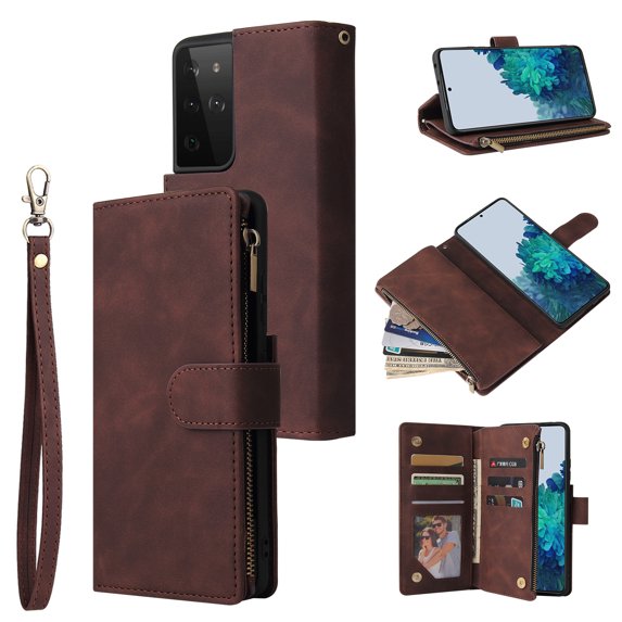 Cowithday Phone Case for Samsung Galaxy S21 Ultra, Galaxy S21 Ultra Wallet Case with Zipper for Women Men, PU Leather Magnetic Flip Kickstand Closure Wrist Strap Zipper Card Holder Cases, Brown