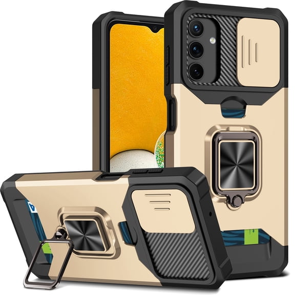 Cowithday for Samsung Galaxy A24 4G Case with Card Holder Ring Kickstand Slide Camera Cover A24 4G Case Heavy Duty Protection Shockproof Rugged Protective for Samsung A24 Phone Cover 2023, Gold