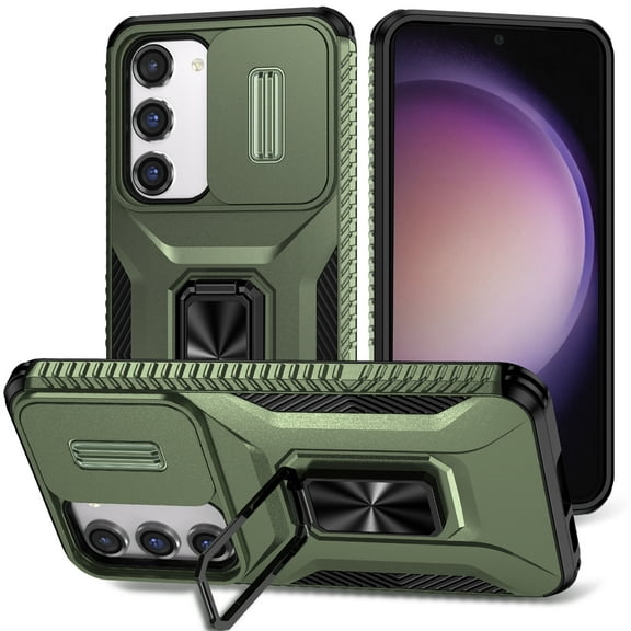 Cowithday for Samsung Galaxy S23 5G Case with Slide Camera Cover+Screen Protector(1 Pack),[Full Camera Protection] [Magnetic Rotated Kickstand] Military Grade Shockproof Heavy Duty Cover,Darkgreen