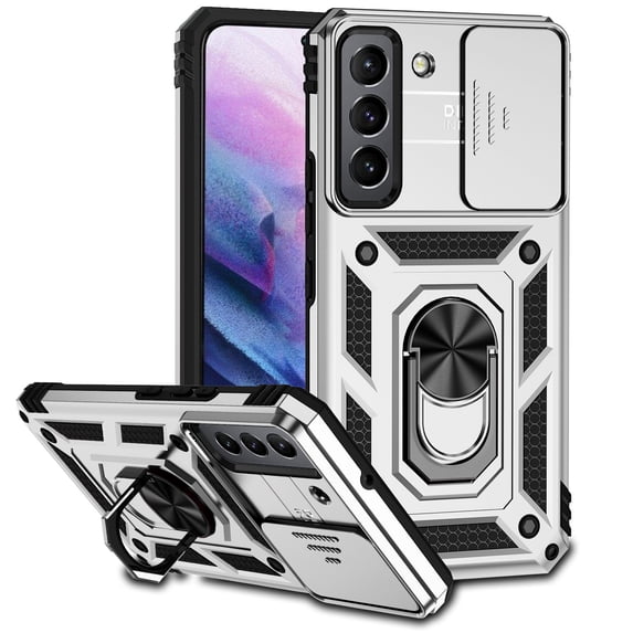 Cowithday for Samsung Galaxy S23 5G Rugged Phone Case with Slide Camera Cover, Kickstand TPU Bumper Drop Proof Durable Military Grade Protective Case Cover for Samsung S23 6.1-inches 2023, Silver