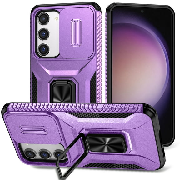 Cowithday for Samsung Galaxy S23 Plus 5G Case with Slide Camera Cover+Screen Protector(1 Pack),[Full Camera Protection] [Magnetic Rotated Kickstand] Military Grade Shockproof Heavy Duty Cover,Purple