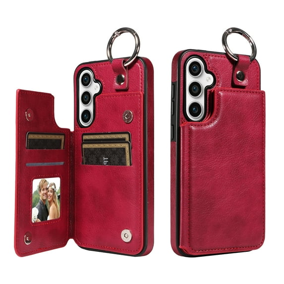 Cowithday for Samsung Galaxy S24 Case with Card Slots, PU Leather Protective Shockproof Case with Ring Buckle, Magnetic Clasp Kickstand Cover for Women Men for Galaxy S24 - Red