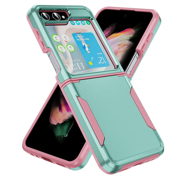 Cowithday for Samsung Galaxy Z Flip 5 Case, 2 in 1 Hard PC + Soft TPU Back Shell Heavy Duty Military Drop Protection Rugged Dual Layer Shockproof Hybrid Case for Galaxy Z Flip 5, Green+Pink