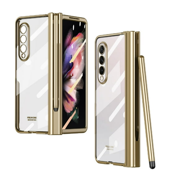 Cowithday for Samsung Galaxy Z Fold 3 Case with S Pen + S Pen Holder + Screen Protector + Hinge Protection, Hard Plating Frame All-Inclusive Luxury Crystal Clear Case Cover for Samsung Z Fold3, Gold