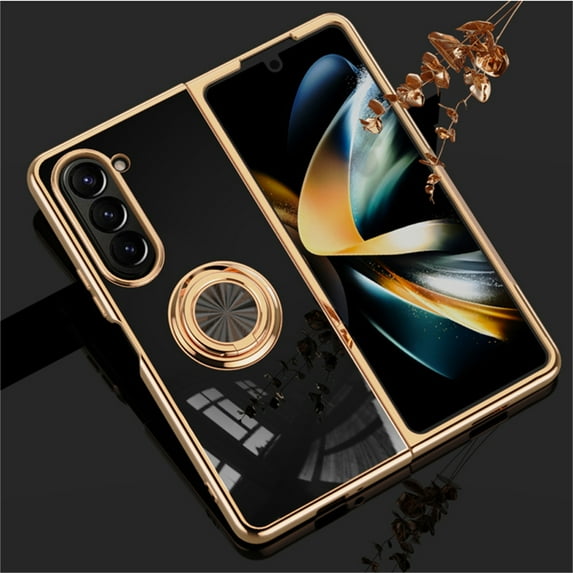 Cowithday for Samsung Galaxy Z Fold 4 5G Phone Case with Ring Holder, Fold 4 Cover, Kickstand Magnetic Plating Frame TPU Shockproof Anti-Scratch Girls Women Men Case Cover for Samsung Z Fold4 5G,Black