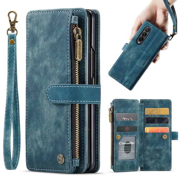 Cowithday for Samsung Galaxy Z Fold 4 Case Wallet for Women and Men, Z Fold 4 5G Case, PU Leather Flip Strap Wristlet Zipper Card Holder Wallet Business Phone Cover for Samsung Z Fold 4 5G, Blue