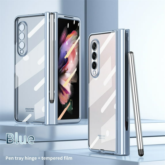 Cowithday for Samsung Galaxy Z Fold 5 Case with S Pen + S Pen Holder + Screen Protector + Hinge Protection, Hard Plating Frame All-Inclusive Luxury Crystal Clear Case Cover for Samsung Z Fold5, Blue
