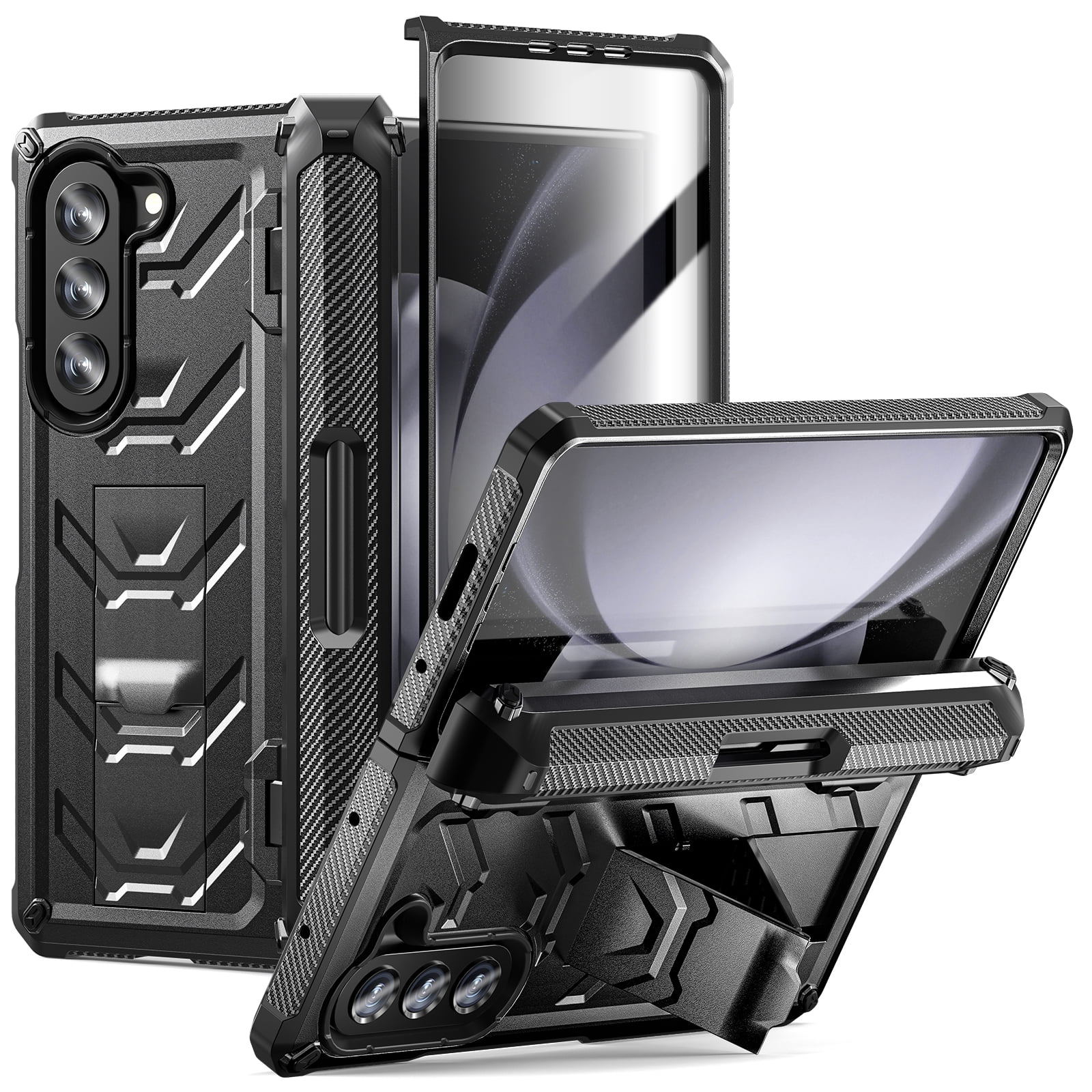 Cowithday for Samsung Galaxy Z Fold 5 Phone Case 2023 7.6", with S Pen Holder & Kickstand & Screen Protector [Wireless Charging], Hinge Protection  Stand Hard Rugged Soft TPU Bumper Cover, Black