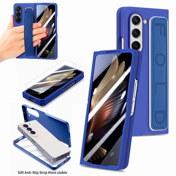 Cowithday for Samsung Galaxy Z Fold5 Phone Case with Screen Protector & Wristband, Shockproof Drop Proof Hand Strap Non-Slip PC Frame Luxury All-inclusive Shell Cover for Samsung Z Fold 5, Blue