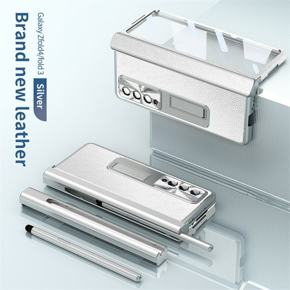 Cowithday for Samsung Z Fold 3 Case with Screen Protector Pen Holder Hinge Protection Magnetic Kickstand PU Leather Shockproof All-inclusive Case Cover for Samsung Galaxy Z Fold3 5G 7.6", Silver