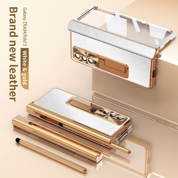for Samsung Z Fold 4 Case with Screen Protector Pen Holder Hinge Protection Magnetic Kickstand PU Leather Shockproof All-inclusive Case Cover for Samsung Galaxy Z Fold 4, Silver+Gold