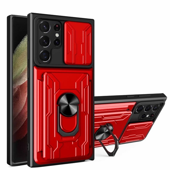 Cowithday Wallet Case for Samsung Galaxy S24 Plus 5G with Camera Cover & Kickstand,Slide Lens Protection Card Holder Slot 360°Rotate Ring Hybrid Rugged Bumper Case Cover for Samsung S24+ 5G, Red