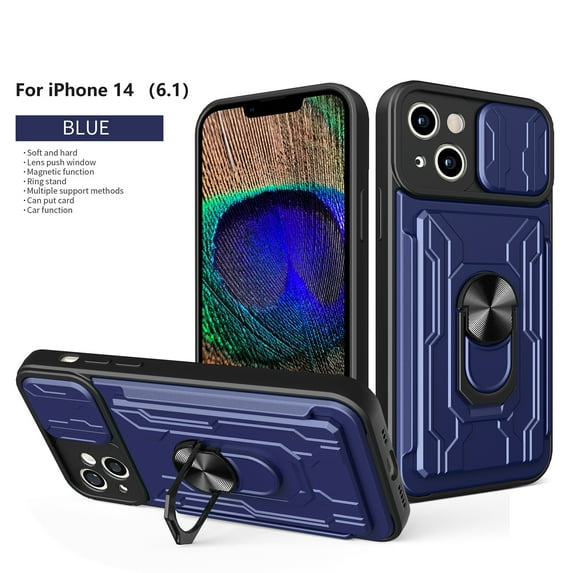 Cowithday Wallet Case for iPhone 14 with Camera Cover & Kickstand,Slide Lens Protection Card Holder Slot 360°Rotate Ring Hybrid Rugged Bumper Shockproof Cover for Apple iPhone 14 6.1", Blue