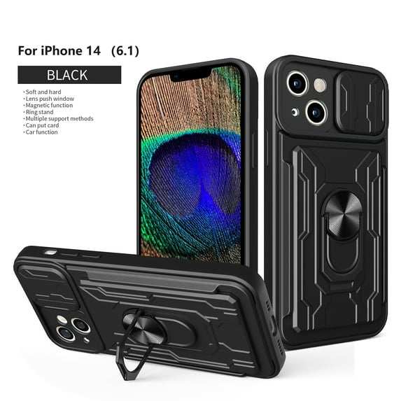Cowithday Wallet Case for iPhone 14 with Camera Cover & Kickstand,Slide Lens Protection Card Holder Slot 360°Rotate Ring Hybrid Rugged Bumper Shockproof Cover for Apple iPhone 14 6.1", Black