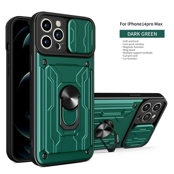 Cowithday Wallet Case for iPhone 14 Pro with Camera Cover & Kickstand,Slide Lens Protection Card Holder Slot 360°Rotate Ring Hybrid Rugged Bumper Shockproof Cover for Apple iPhone 14 Pro 6.1", Green