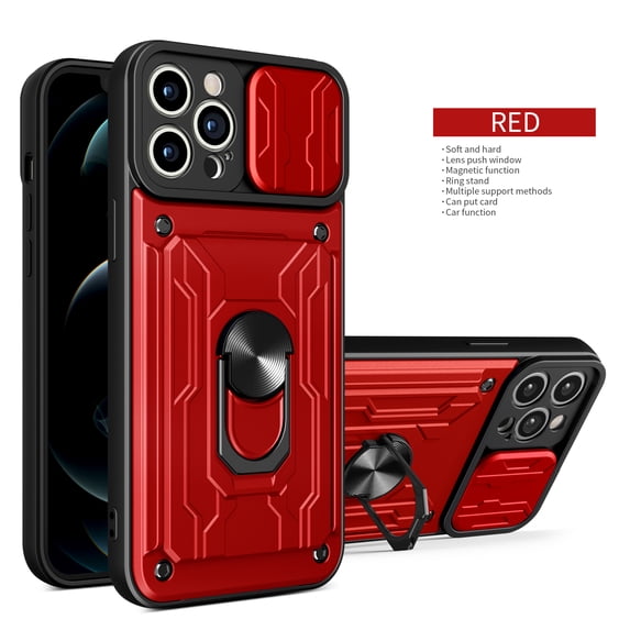 Cowithday Wallet Case for iPhone 14 Pro with Camera Cover & Kickstand,Slide Lens Protection Card Holder Slot 360°Rotate Ring Hybrid Rugged Bumper Shockproof Cover for Apple iPhone 14 Pro 6.1", Red