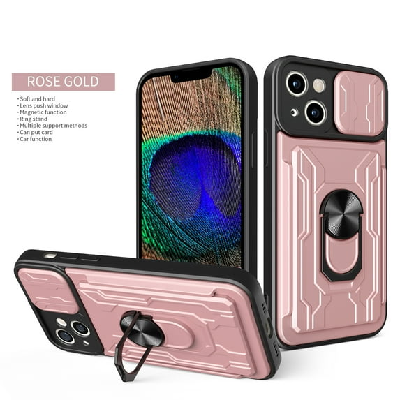 Cowithday Wallet Case for iPhone 15 Plus with Camera Cover & Kickstand,Slide Lens Protection Card Holder Slot 360°Rotate Ring Hybrid Rugged Bumper Shockproof Cover for Apple iPhone 15+ 6.7", Rosegold