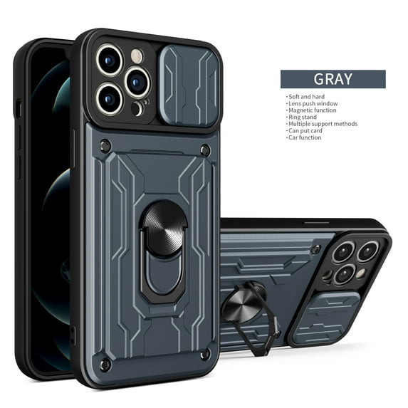 Cowithday Wallet Case for iPhone 15 Pro Max with Camera Cover & Kickstand,Slide Lens Protection Card Holder Slot 360°Rotate Ring Hybrid Rugged Shockproof Cover for Apple iPhone 15promax 6.7", Gray