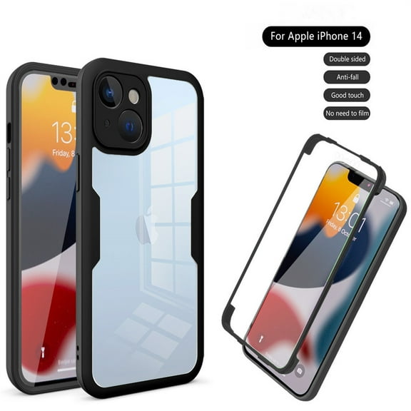 Cowithday for iPhone 14 Case with Built-in Screen Protector, Clear Shockproof Slim Full Body Protection Soft TPU Bumper Dual Layer Rugged Phone Case Cover for iPhone 14 5G 6.1 Inch 2022, Black