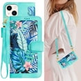 thumbnail image 1 of Cowithday iPhone 14 Case, PU Leather Magnetic Closure RFID Blocking Card Slots Kickstand Shockproof Flip Wallet Handbag Flowers Case Cover with Wrist Strap Shoulder Strap for Women & Girl, Green, 1 of 10