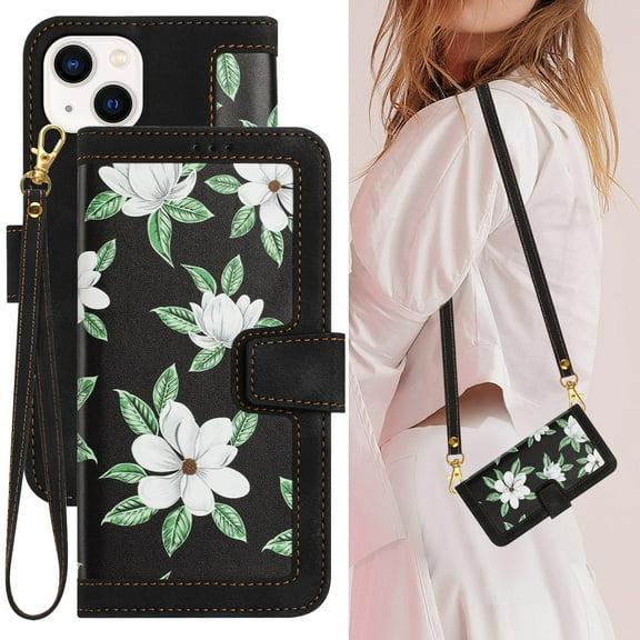Cowithday iPhone 14 Plus Case, PU Leather Magnetic Closure RFID Blocking Card Slots Kickstand Shockproof Flip Wallet Handbag Flowers Case Cover with Wrist Strap Shoulder Strap for Women & Girl, Black