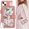 thumbnail image 1 of Cowithday iPhone 14 Plus Case, PU Leather Magnetic Closure RFID Blocking Card Slots Kickstand Shockproof Flip Wallet Handbag Flowers Case Cover with Wrist Strap Shoulder Strap for Women & Girl, Pink, 1 of 10