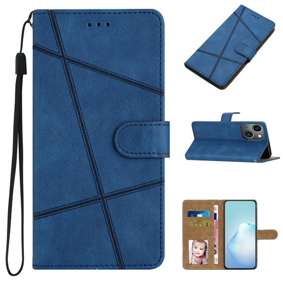 Cowithday iPhone 14 Plus Flip Wallet Phone Case, PU Leather Kickstand Wrist Strap Card Holders Photo Slots Shockproof TPU Inner Shell Magnetic Solid Color Cover for Apple iPhone 14+ 5G 6.7", Blue