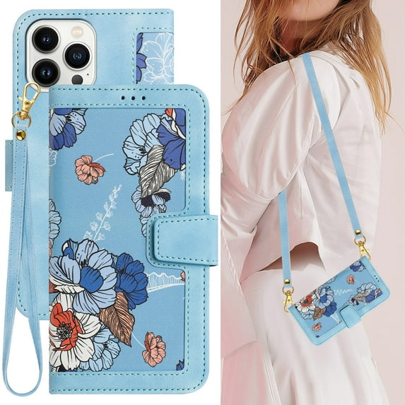 Cowithday iPhone 14 Pro Case, PU Leather Magnetic Closure RFID Blocking Card Slots Kickstand Shockproof Flip Wallet Handbag Flowers Case Cover with Wrist Strap Shoulder Strap for Women & Girl, Blue