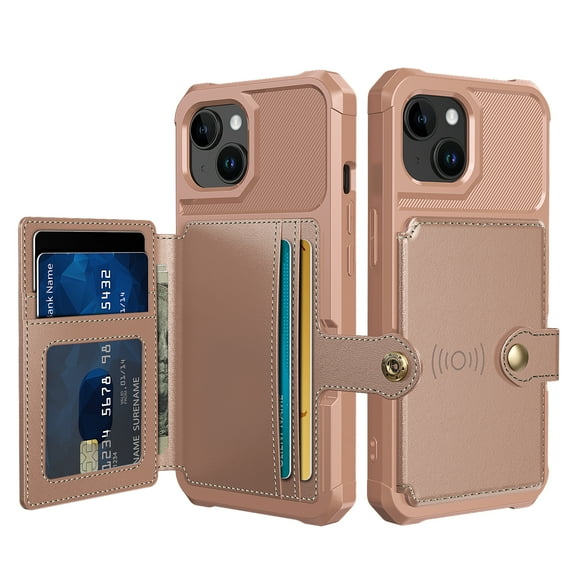 Cowithday for iPhone 14 Wallet Case, RFID Blocking Card Holder Slot Kickstand Magnetic Button Closure Women Men Heavy Duty Shockproof Rugged Back Cover for iPhone 14 5G 6.1" 2022, Rosegold