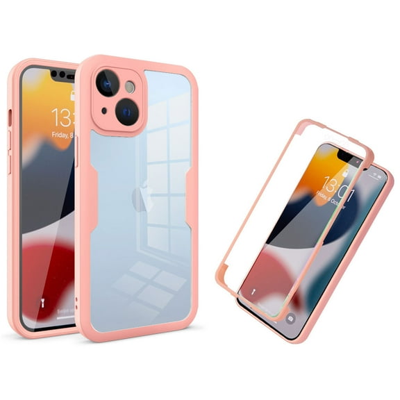 Cowithday for iPhone 15 Case with Built-in Screen Protector, Clear Shockproof Slim Full Body Protection Soft TPU Bumper Dual Layer Rugged Phone Case Cover for iPhone 15 5G 6.1 Inch 2023, Pink