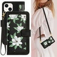 thumbnail image 1 of Cowithday iPhone 15 Case, PU Leather Magnetic Closure RFID Blocking Card Slots Kickstand Shockproof Flip Wallet Handbag Flowers Case Cover with Wrist Strap Shoulder Strap for Women & Girl, Black, 1 of 10