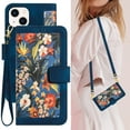 thumbnail image 1 of Cowithday iPhone 15 Case, PU Leather Magnetic Closure RFID Blocking Card Slots Kickstand Shockproof Flip Wallet Handbag Flowers Case Cover with Wrist Strap Shoulder Strap for Women & Girl, Darkblue, 1 of 10