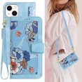 thumbnail image 1 of Cowithday iPhone 15 Case, PU Leather Magnetic Closure RFID Blocking Card Slots Kickstand Shockproof Flip Wallet Handbag Flowers Case Cover with Wrist Strap Shoulder Strap for Women & Girl, Blue, 1 of 10