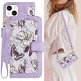 thumbnail image 1 of Cowithday iPhone 15 Case, PU Leather Magnetic Closure RFID Blocking Card Slots Kickstand Shockproof Flip Wallet Handbag Flowers Case Cover with Wrist Strap Shoulder Strap for Women & Girl, Purple, 1 of 1