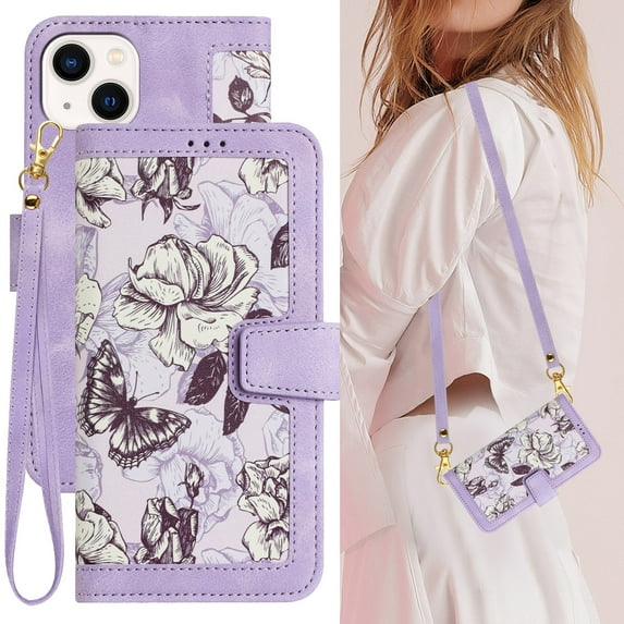 Cowithday iPhone 15 Case, PU Leather Magnetic Closure RFID Blocking Card Slots Kickstand Shockproof Flip Wallet Handbag Flowers Case Cover with Wrist Strap Shoulder Strap for Women & Girl, Purple