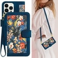 thumbnail image 1 of Cowithday iPhone 15 Pro Case, PU Leather Magnetic Closure RFID Blocking Card Slots Kickstand Shockproof Flip Wallet Handbag Flowers Case Cover with Wrist Strap Shoulder Strap for Women & Girl,Darkblue, 1 of 11