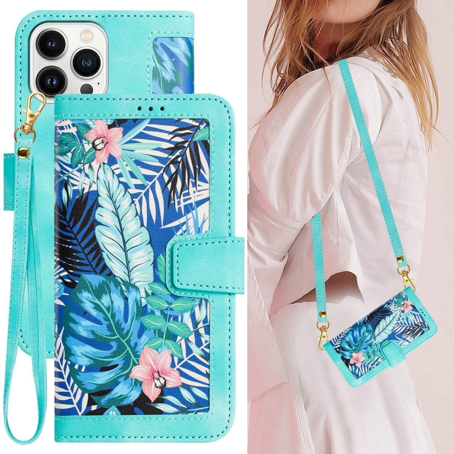 Cowithday iPhone 15 Pro Case, PU Leather Closure RFID Blocking Card Slots Kickstand