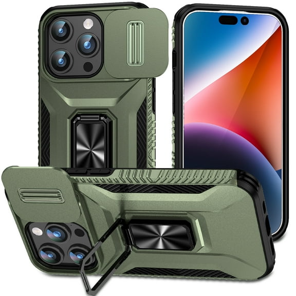 Cowithday for iPhone 15 Pro Max 5G Case with Slide Camera Cover + Screen Protector (1 Pack), [Full Camera Protection] [Magnetic Rotated Kickstand] Military Grade Shockproof Heavy Duty Cover, Darkgreen