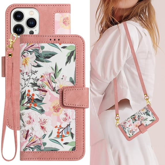 Cowithday iPhone 15 Pro Max Case, PU Leather Magnetic Closure RFID Blocking Card Slots Kickstand Shockproof Flip Wallet Handbag Flowers Case Cover with Wrist Strap Shoulder Strap for Women & Girl,Pink