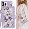 thumbnail image 1 of Cowithday iPhone 15 Pro Max Case, PU Leather Magnetic Closure RFID Blocking Card Slots Kickstand Shockproof Flip Wallet Handbag Flowers Case Cover with Wrist Strap Shoulder Strap for Women, Purple, 1 of 11