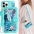 thumbnail image 1 of Cowithday iPhone 15 Pro Max Case, PU Leather Magnetic Closure RFID Blocking Card Slots Kickstand Shockproof Flip Wallet Handbag Flowers Case with Wrist Strap Shoulder Strap for Women & Girl, Green, 1 of 11