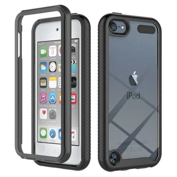 Cowithday for iPod Touch 7th/6th/5th Generation Case with Screen Protector, Soft TPU Bumper Rugged Clear Hard PC Back Shell All-inclusive Cover for Apple iPod Touch 7/6/5 Generation, Black