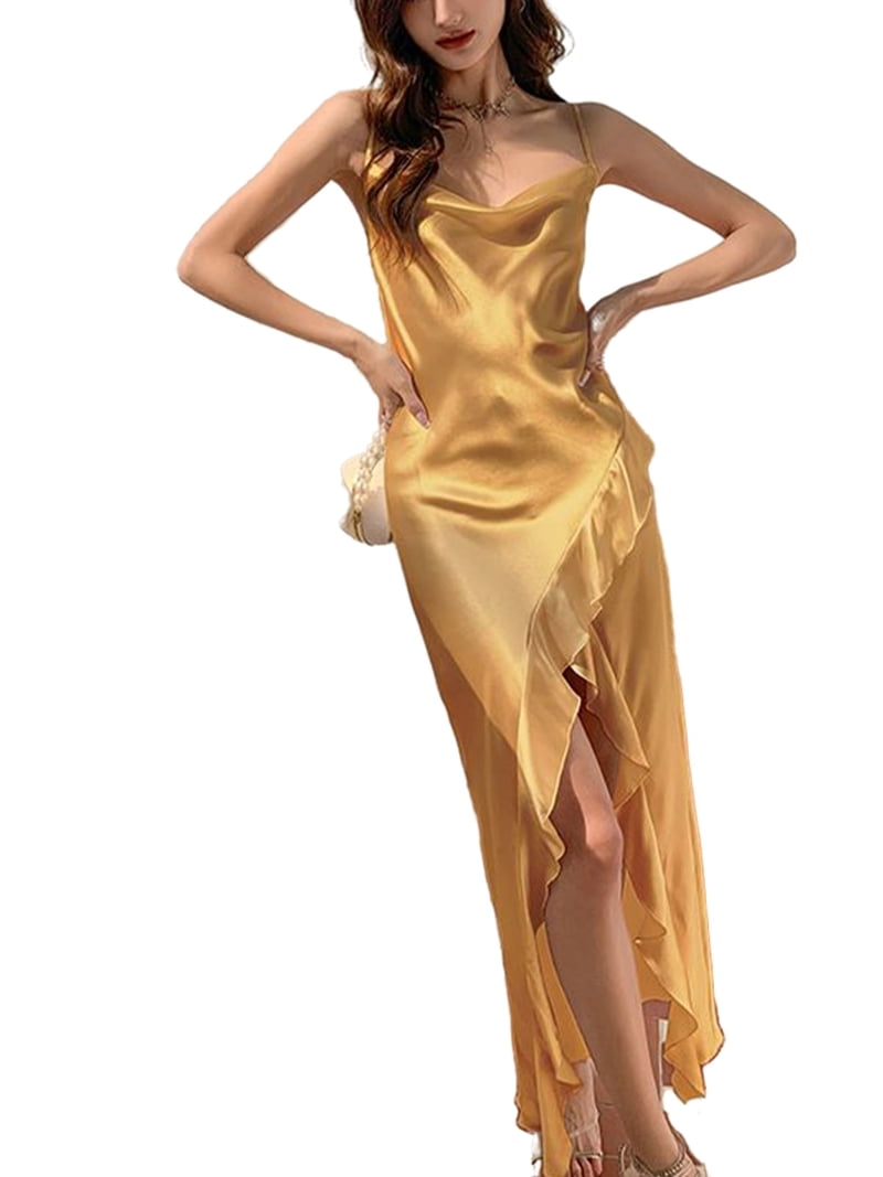 gold cowl neck frill hem maxi dress Gold Cowl Neck Frill Hem Maxi Dress