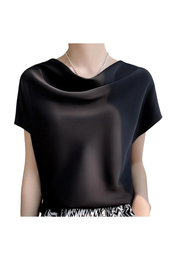 Cowl Neck Cap Sleeve Tops for Women Fashion Satin Pullover Short Sleeve Shirt Summer Business Tops