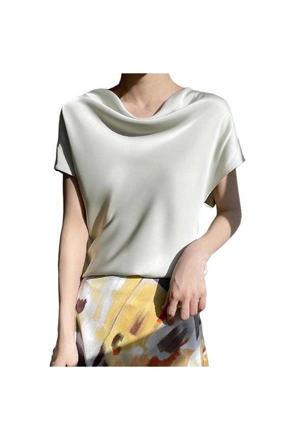 Cowl Neck Cap Sleeve Tops for Women Fashion Satin Pullover Short Sleeve Shirt Summer Business Tops