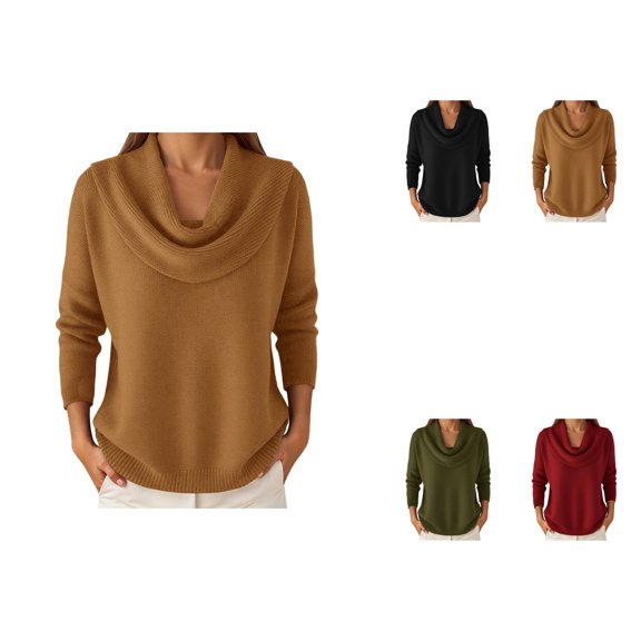 Cowl Neck Long Sleeve Solid Color Pullover Sweater for Women – Soft Comfortable Knit Top for Fall Winter Casual Wear, Holiday Parties & Spring Cozy Outfits
