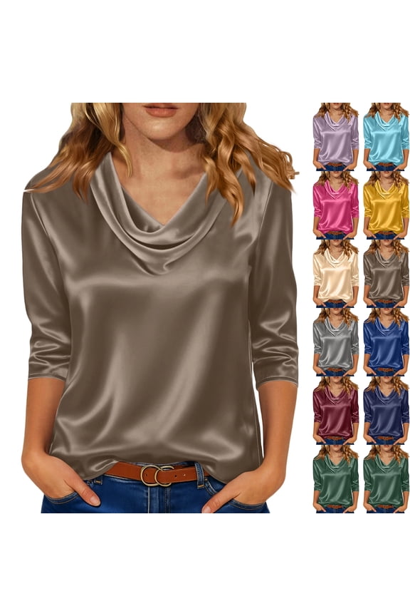 Cowl Neck Satin Blouses for Women 3/4 Sleeve Dressy Casual Tops Business Work Office Lightweight Soft Breathable Shirts, #03 Khaki, S