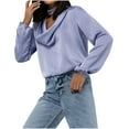 thumbnail image 1 of Cowl Neck Satin Silky Shirts for Women Loose 2025 Long Sleeve Blouses Dressy Casual Choker Office Work Tunic Tops Purple S, 1 of 4