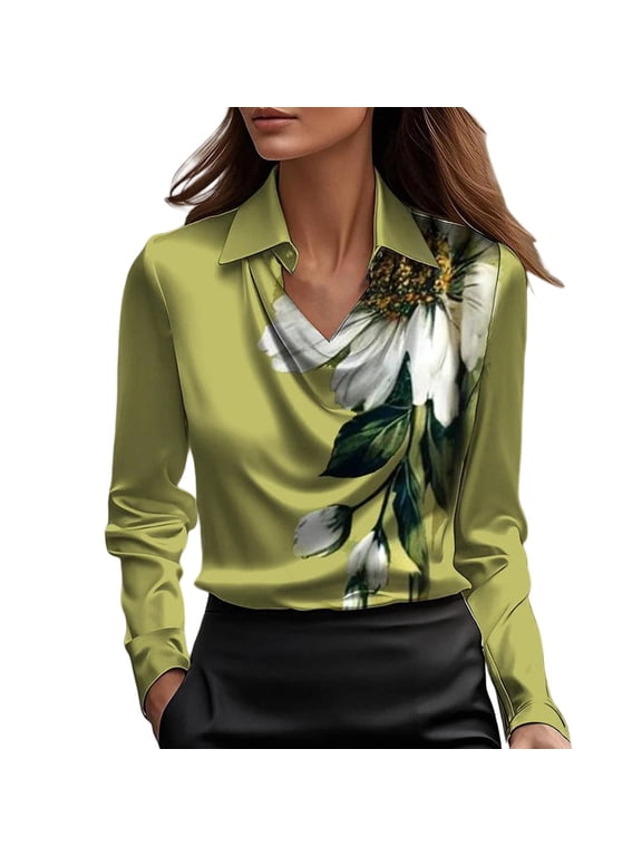 Cowl Neck Satin Top Draped Top Workout Tops Silk Blouse For Women Going Out Tops Silky Long Sleeve Dressy Tops Cute Summer Tops Elegant Business Casual Tops Fashion Clothing,Green,2XL